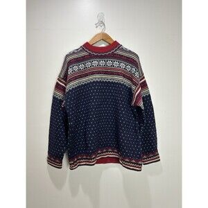 Vintage Lands End 100% Wool Fair Isle Sweater Women’s Large  Red Navy Nordic